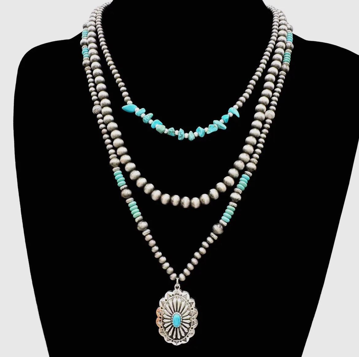 Turquoise Desert Pearl Triple Layer Concho Necklace
