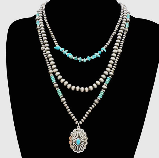Turquoise Desert Pearl Triple Layer Concho Necklace