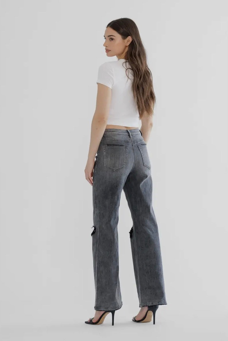 Mayci Black Super High Rise Wide Leg Distressed Knee Jeans