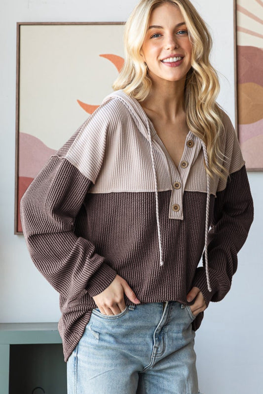 Brown Ribbed Colorblock Hoodie