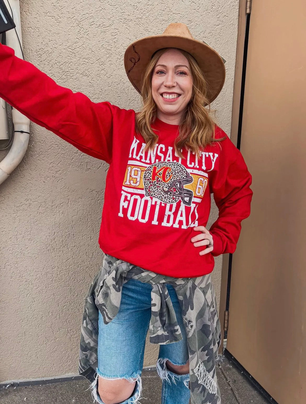 Red KC Cheetah Football Helmet Crewneck Sweatshirt