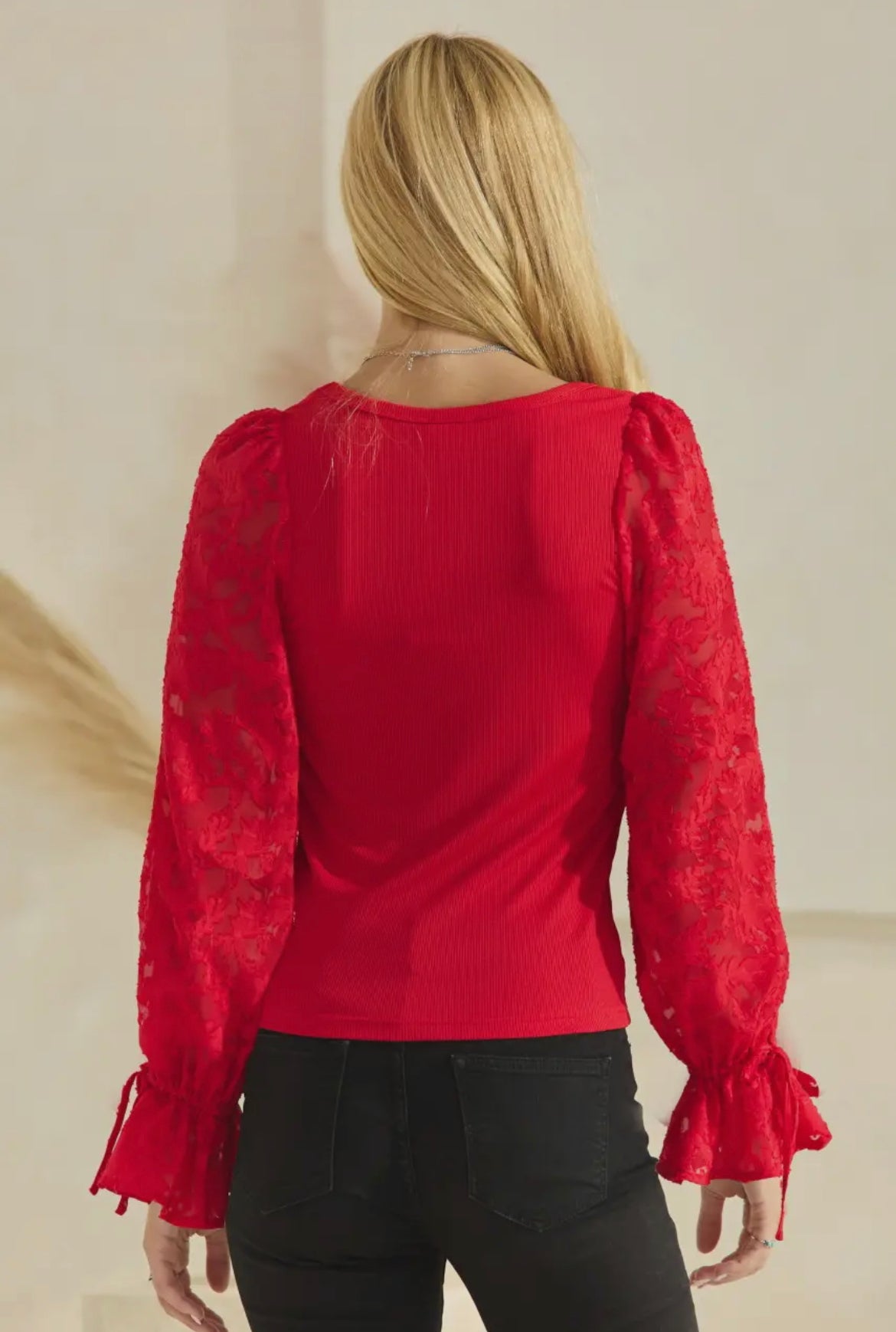 Red Ribbed Top With Jaquard Long Sleeves