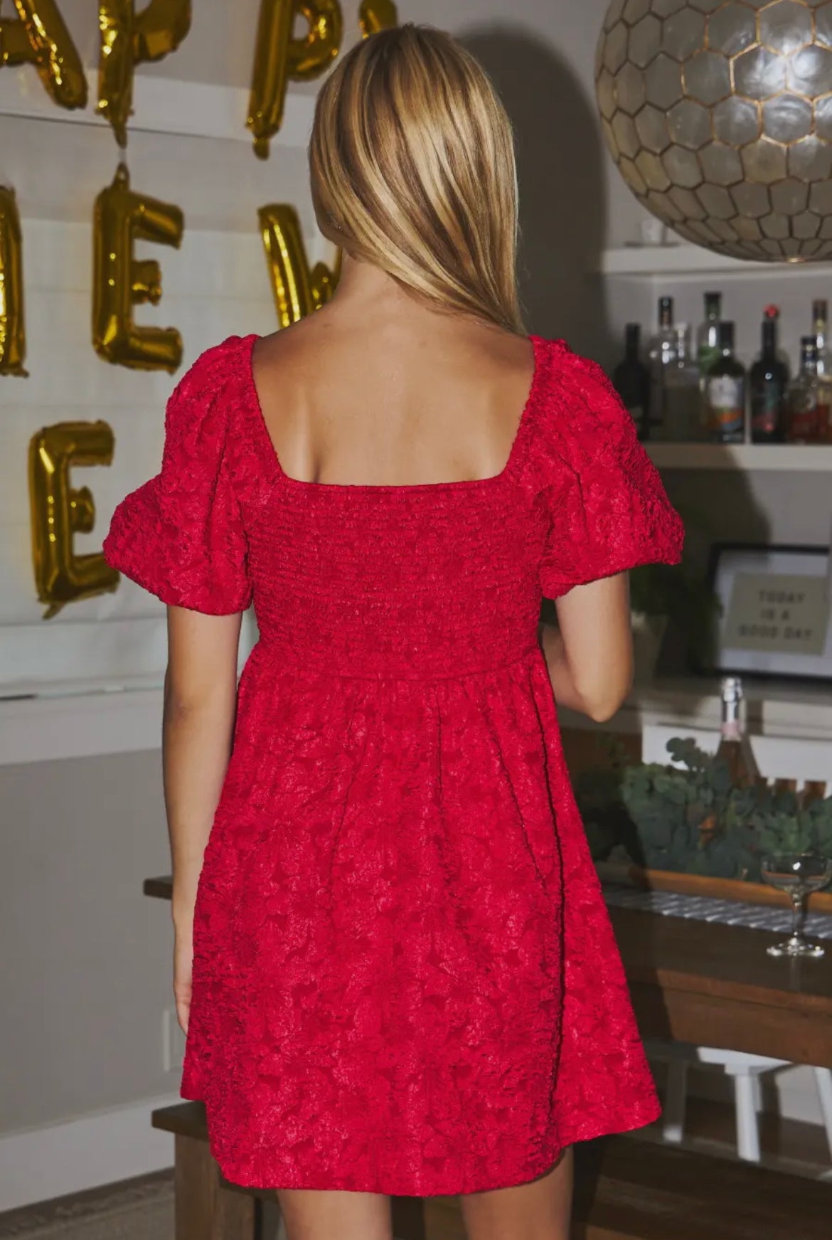 Red Satin Jacquard Baby Doll Dress