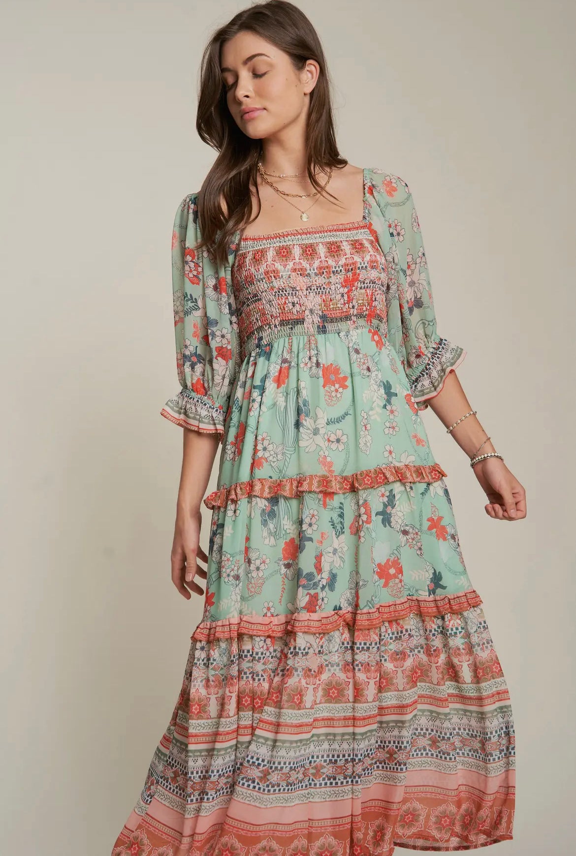 Sage Boho Smocked Dress