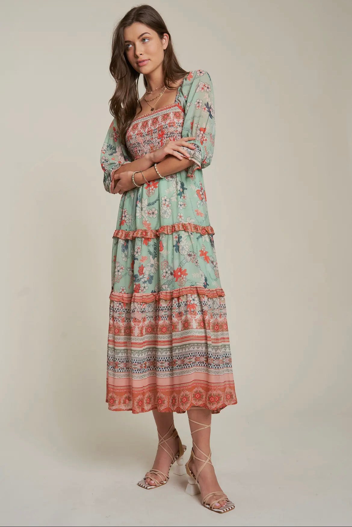 Sage Boho Smocked Dress