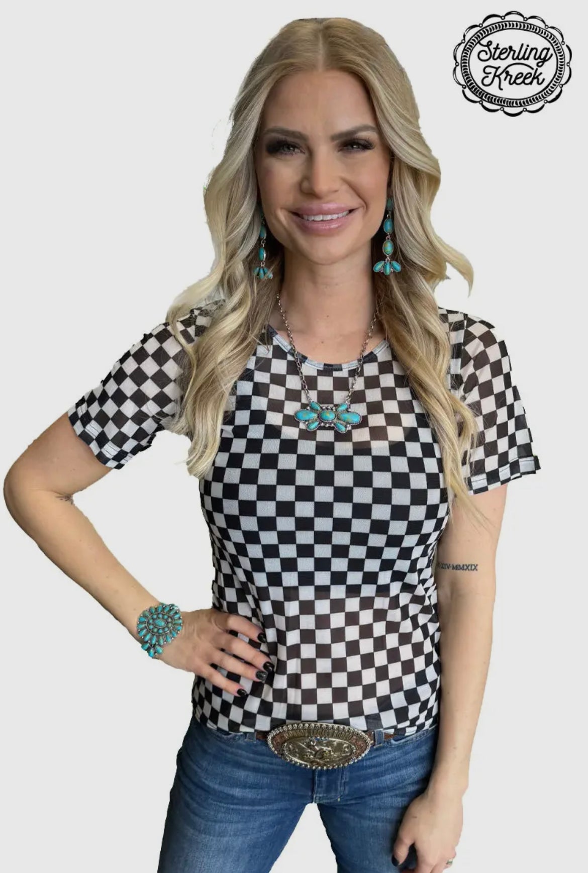 Checkered Mesh Short Sleeve Top