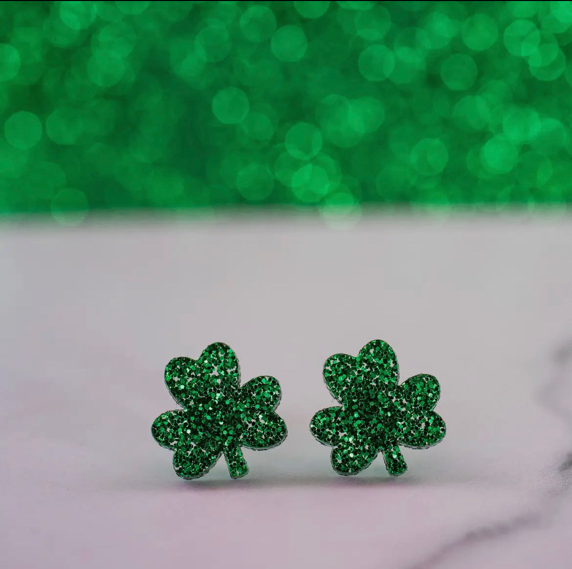 Green Glitter Shamrock Stud Earrings