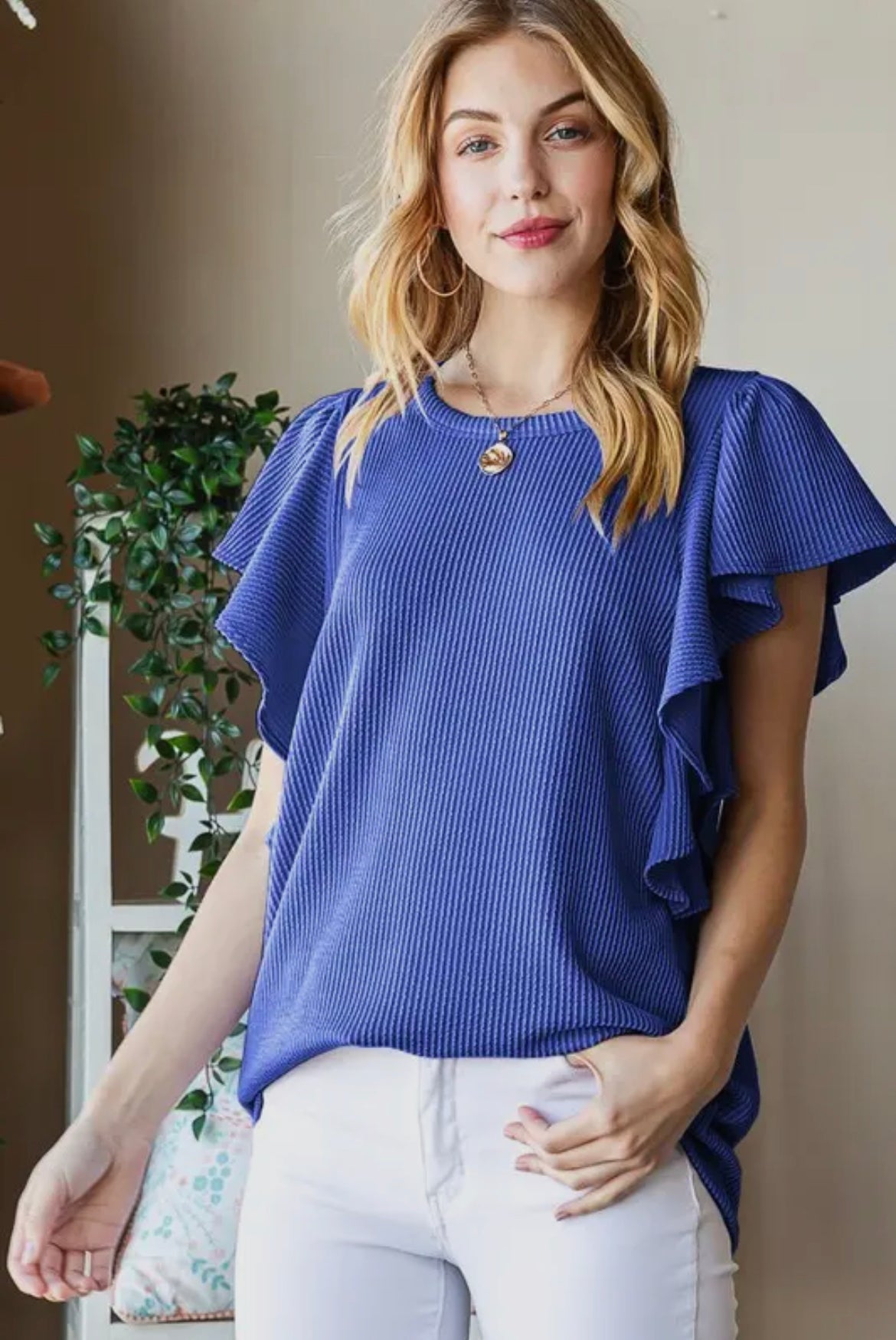 3XL Royal Ribbed Ruffle Sleeve Top