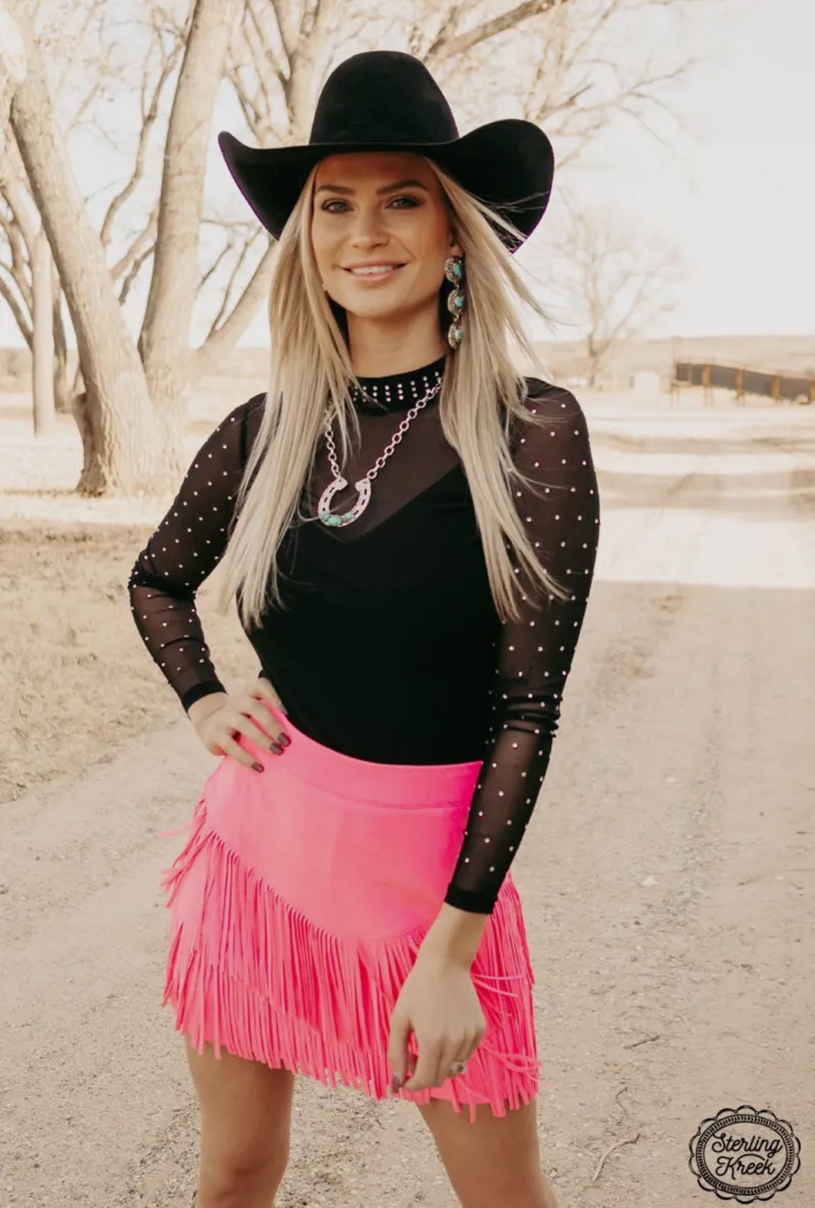 Black Stars At Night Rhinestone Mesh Top