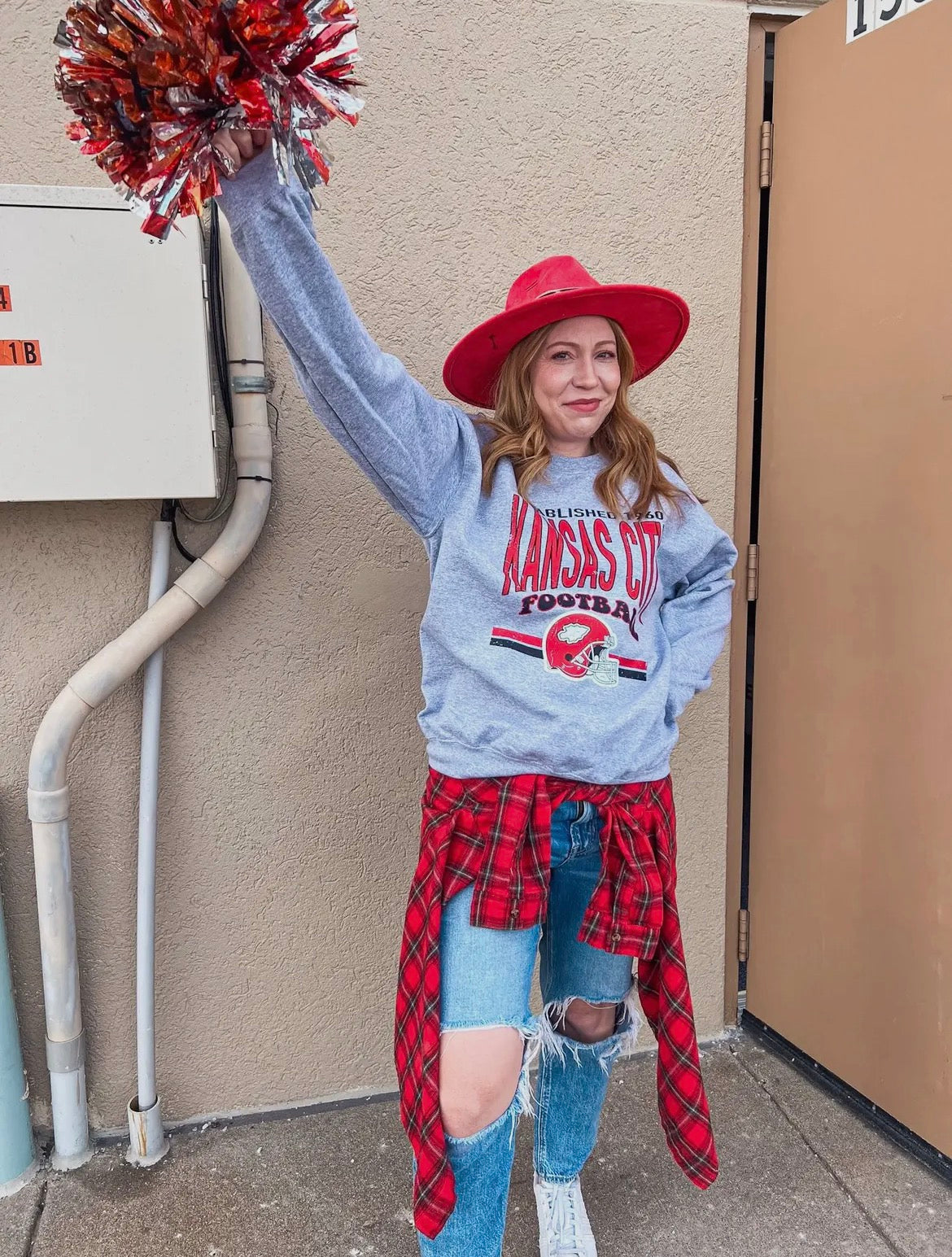 Grey KC Football Stripes Crewneck Sweatshirt