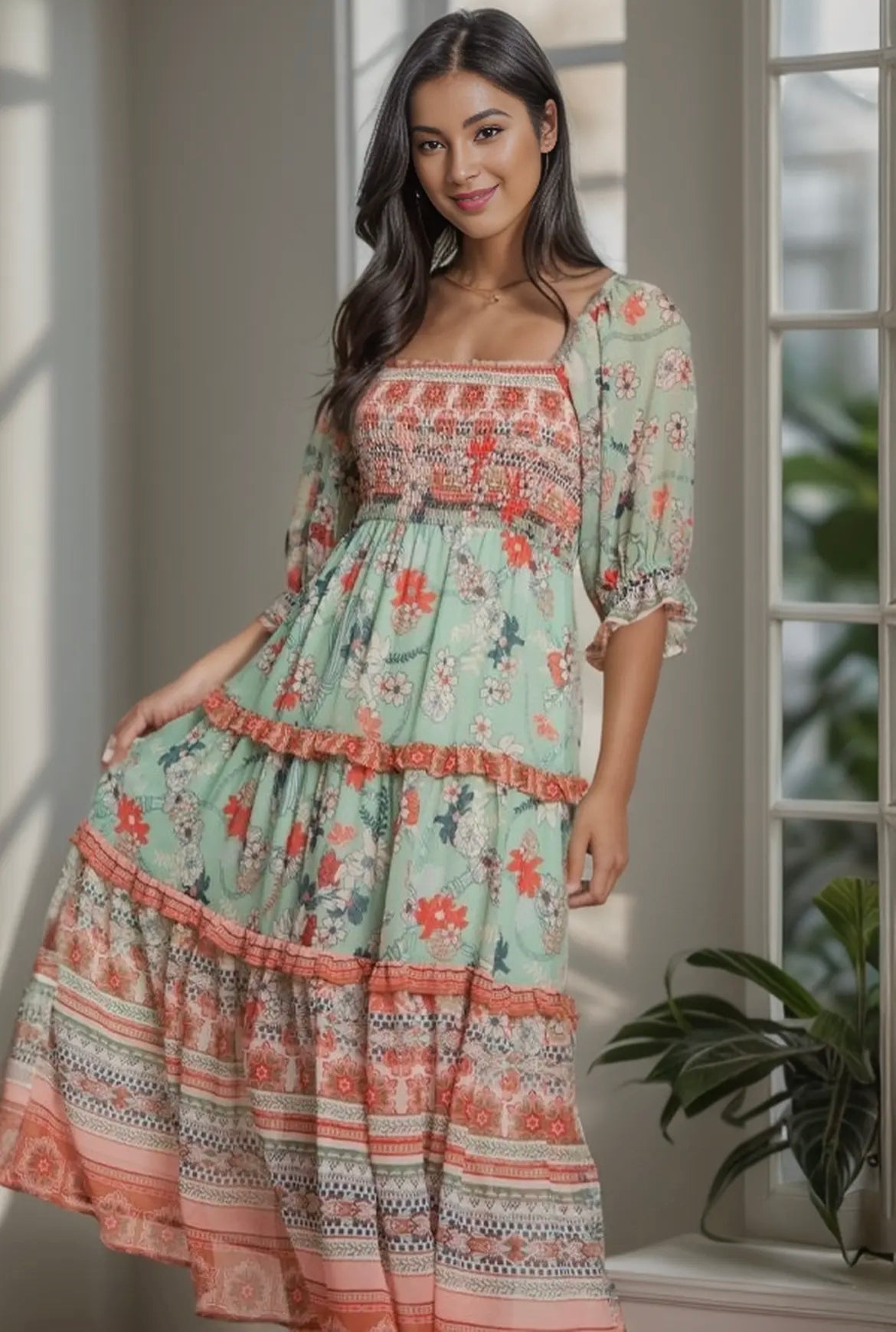 Sage Boho Smocked Dress