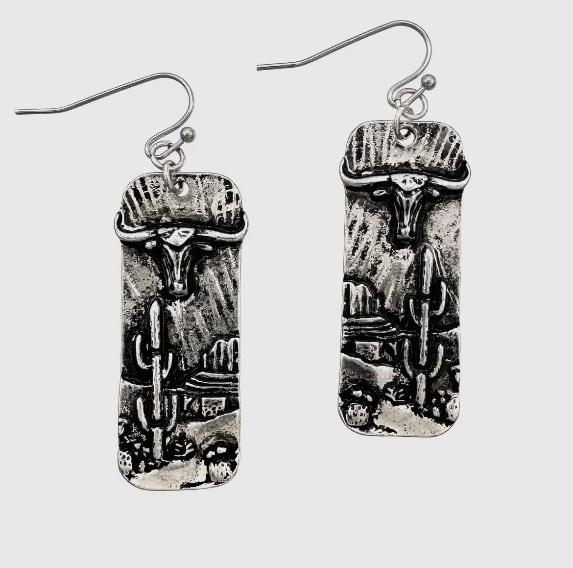 Silver Longhorn Cactus Bar Earrings