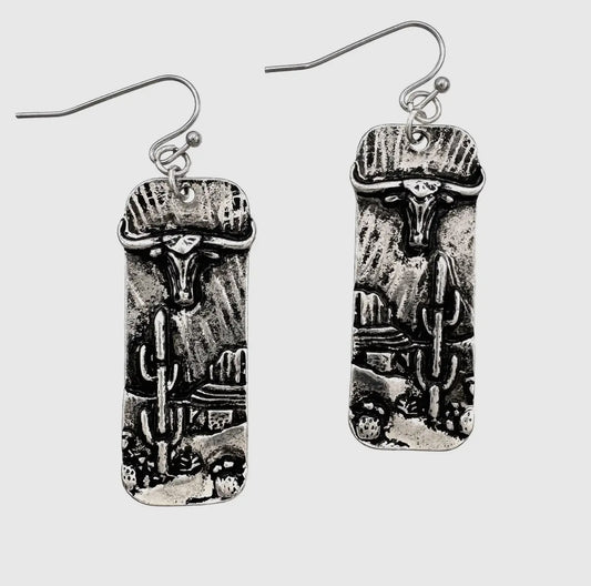 Silver Longhorn Cactus Bar Earrings