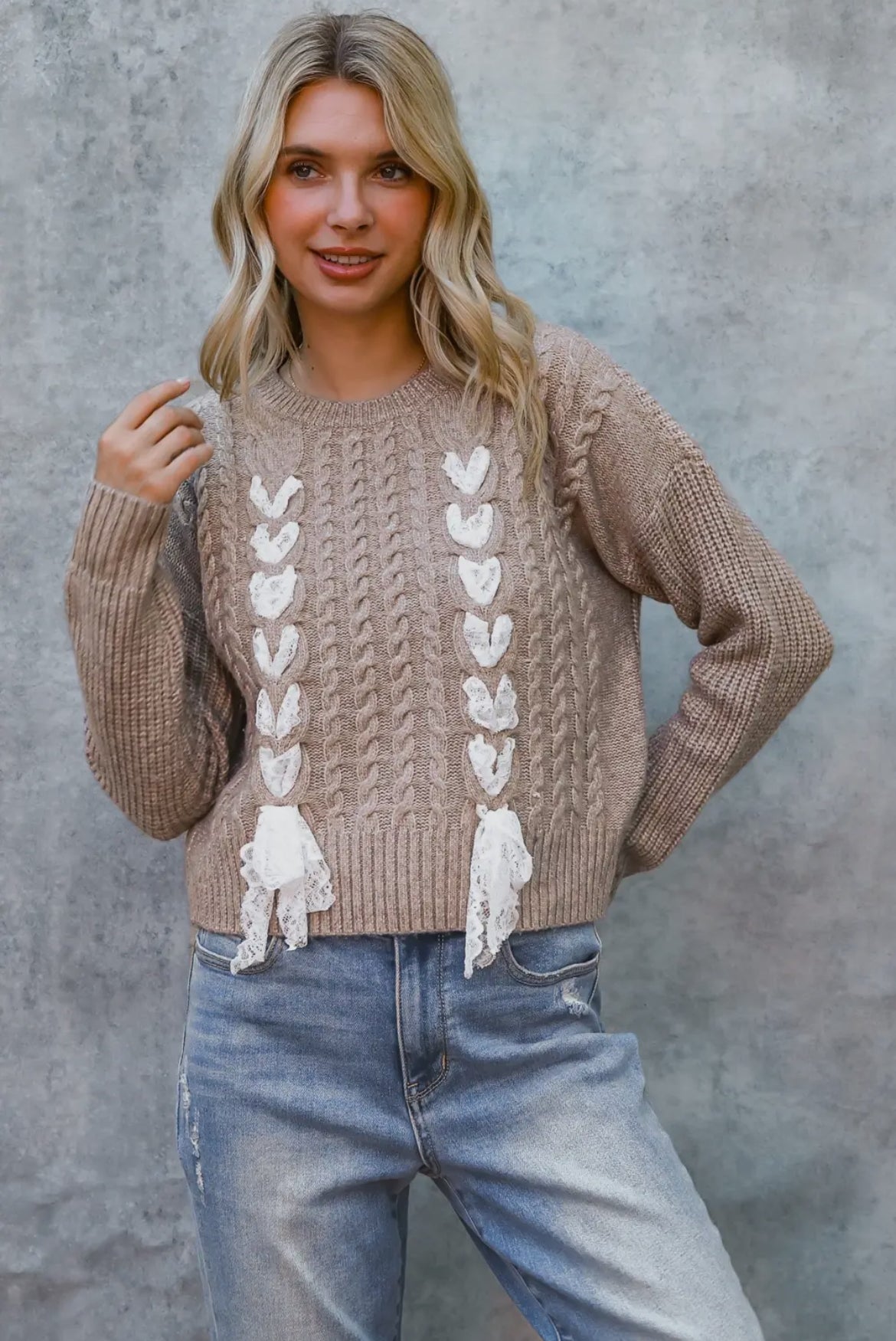 Taupe Lace Braid Bow Cable Knit Sweater