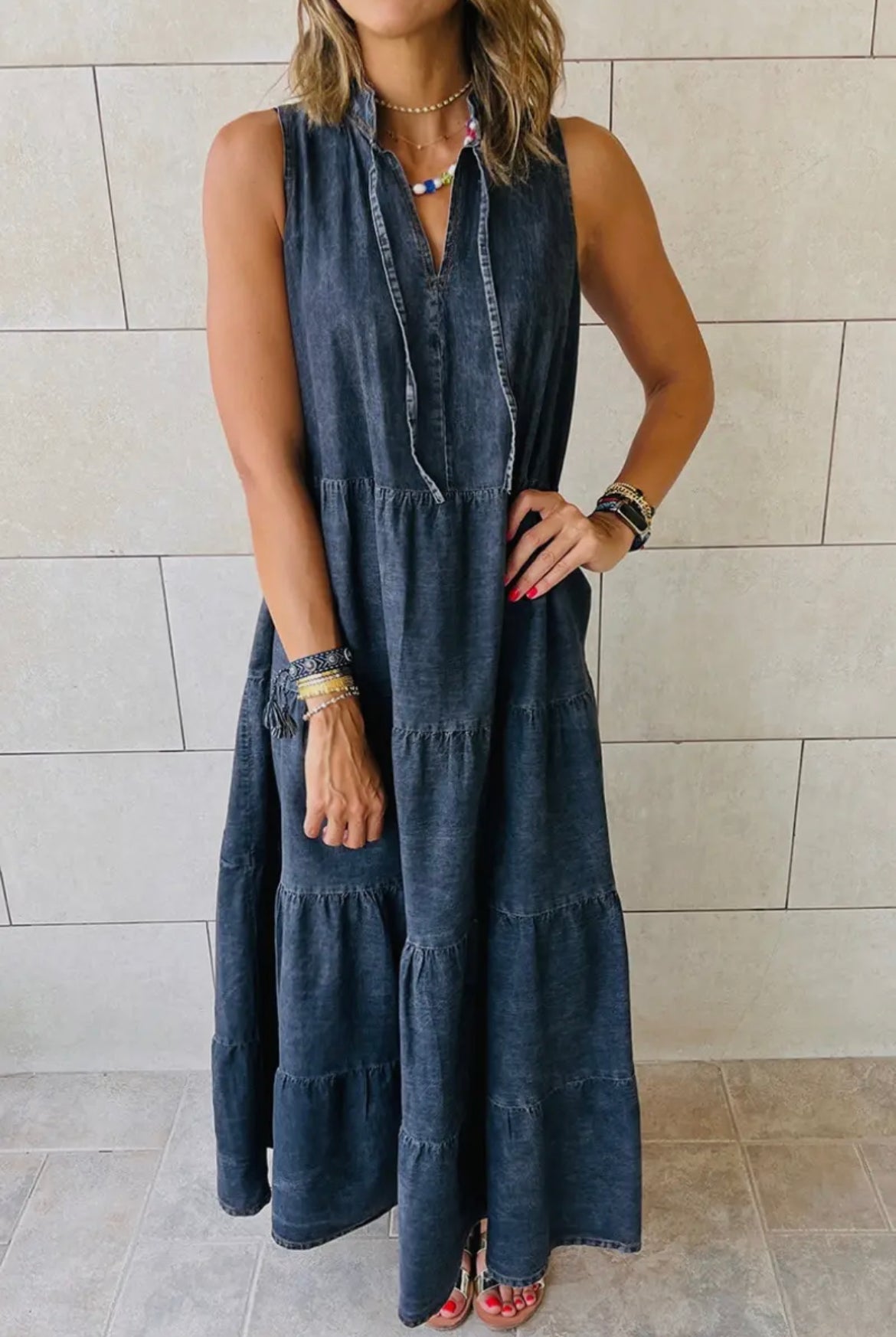 Denim Sleeveless Tiered Dress