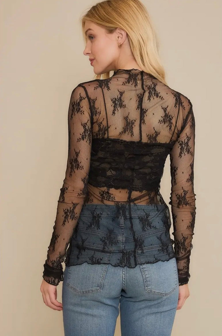 Black Sheer Mesh Lace Long Sleeve Top