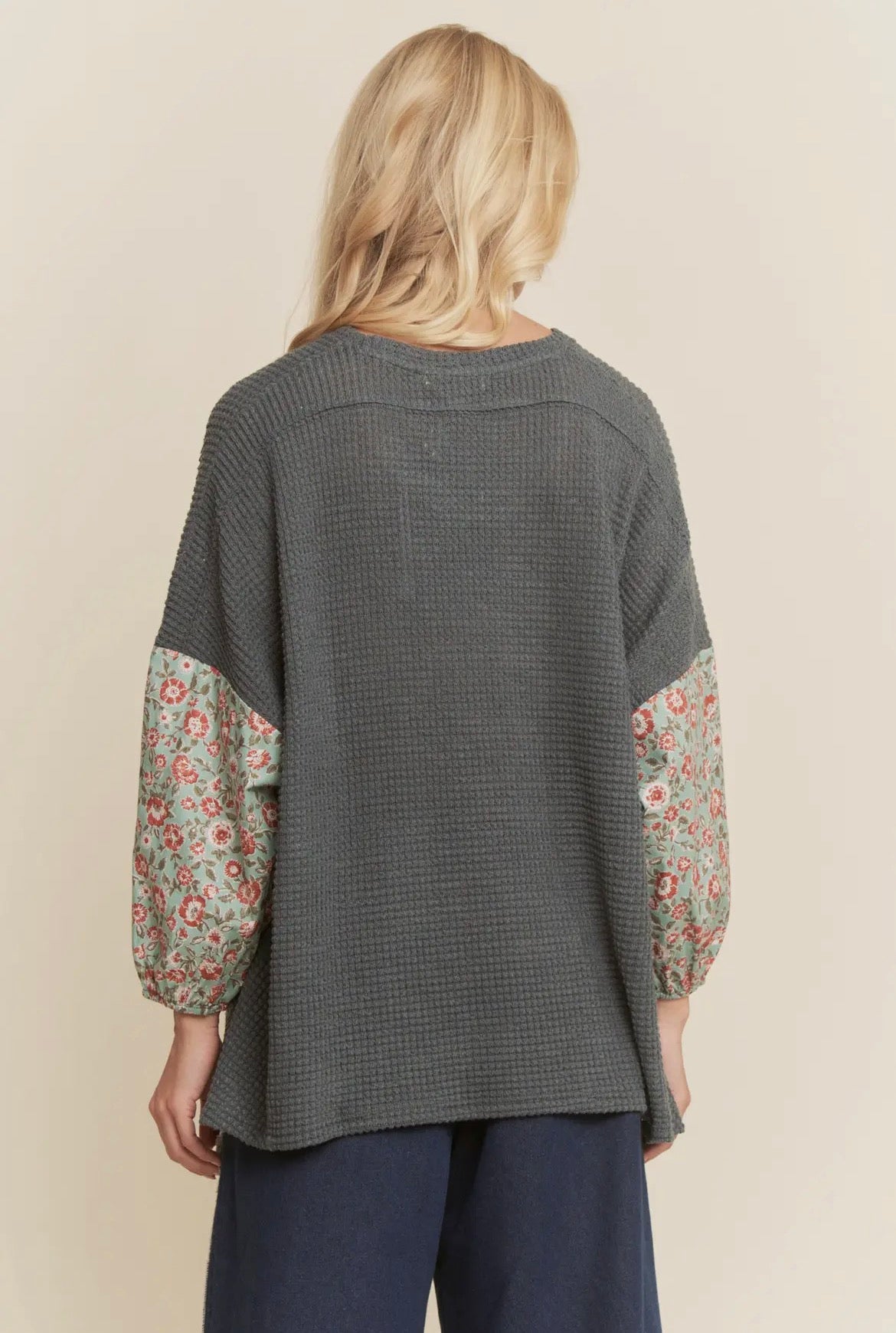 Dusty Teal Boho Flower Long Sleeve Top