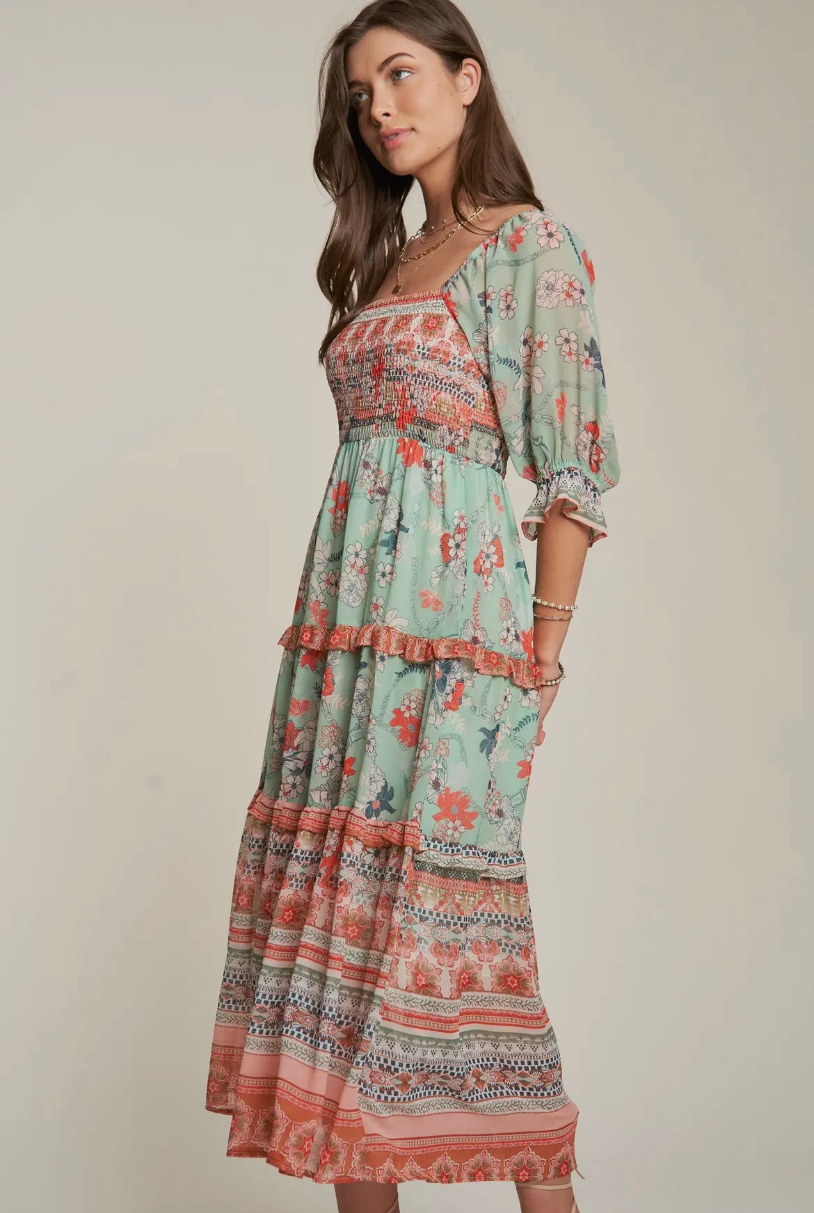 Sage Boho Smocked Dress