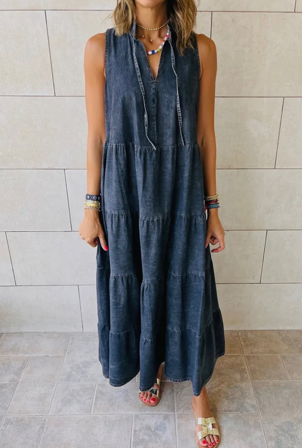 Denim Sleeveless Tiered Dress