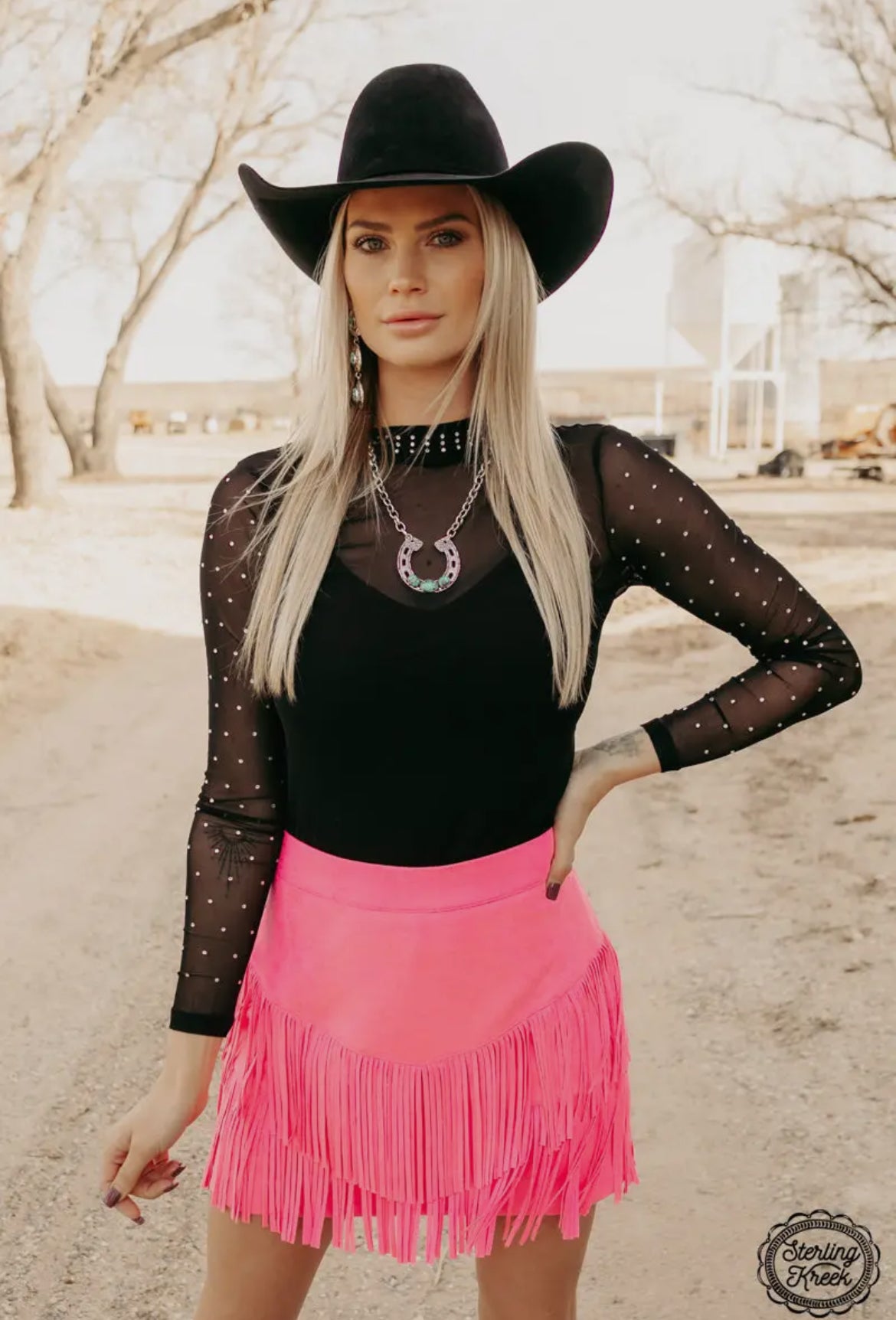 Black Stars At Night Rhinestone Mesh Top