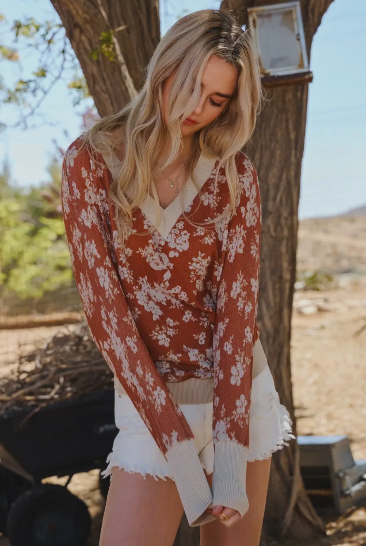 Rust Floral Relaxed Knit Top