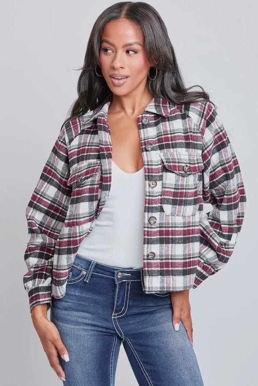 Burgundy Plaid Cropped Boxy Fit Shacket