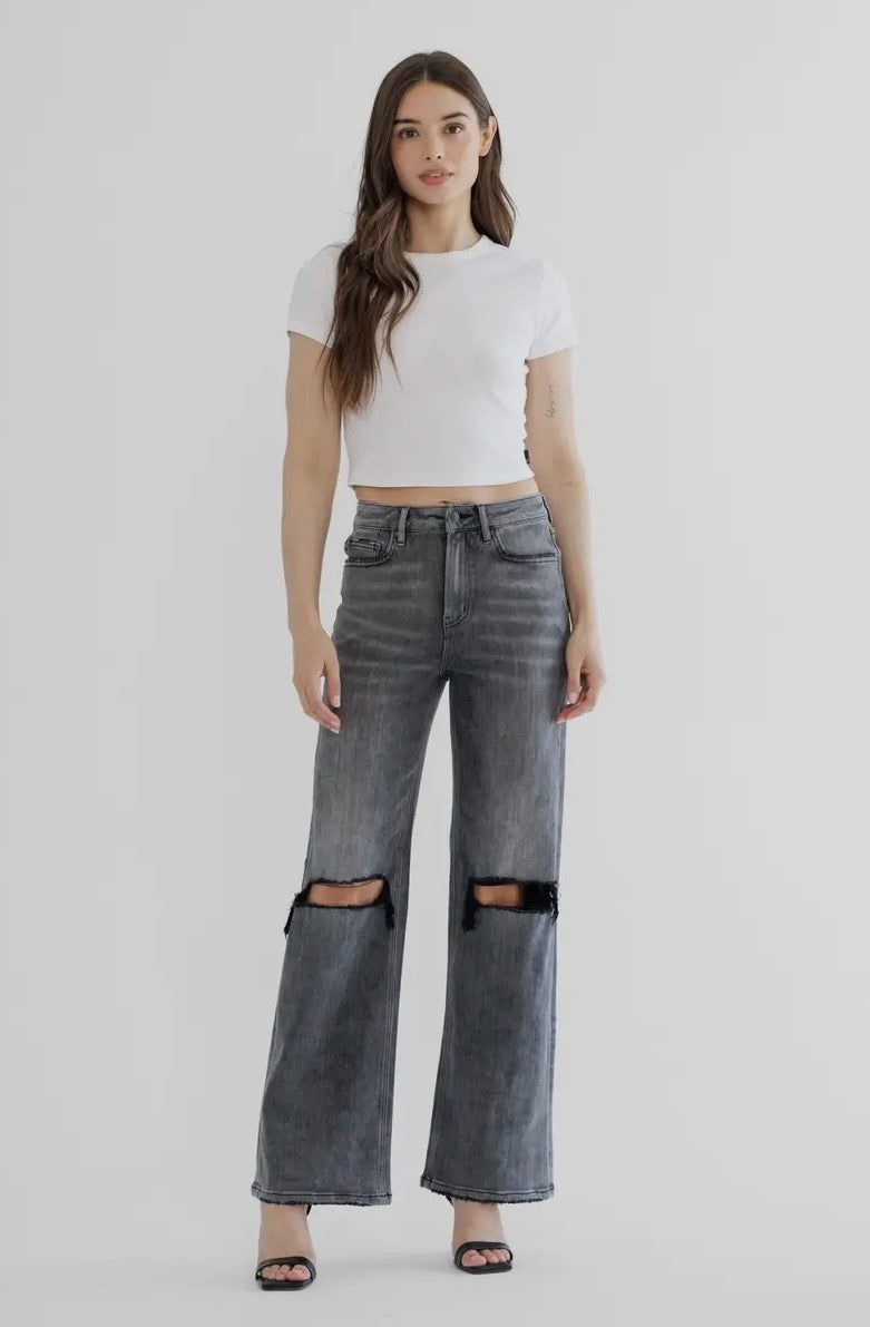 Mayci Black Super High Rise Wide Leg Distressed Knee Jeans