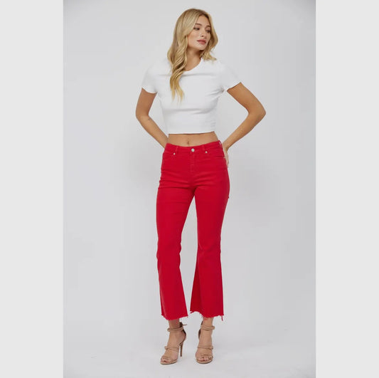 Jess Red High Rise Ankle Flare Jeans