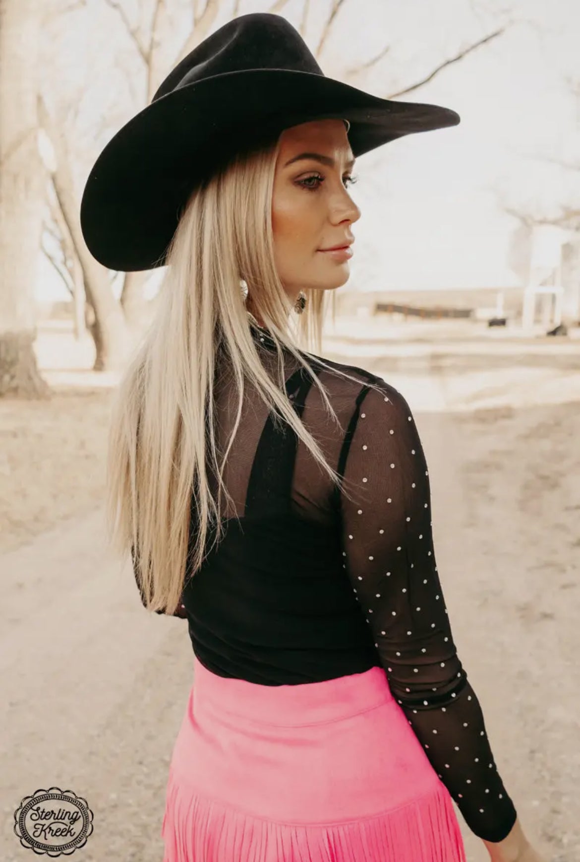Black Stars At Night Rhinestone Mesh Top