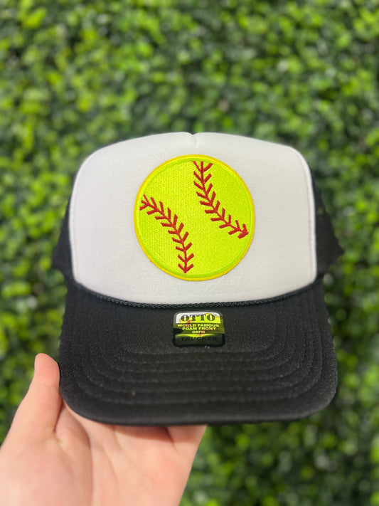 Black Softball Patch Trucker Hat