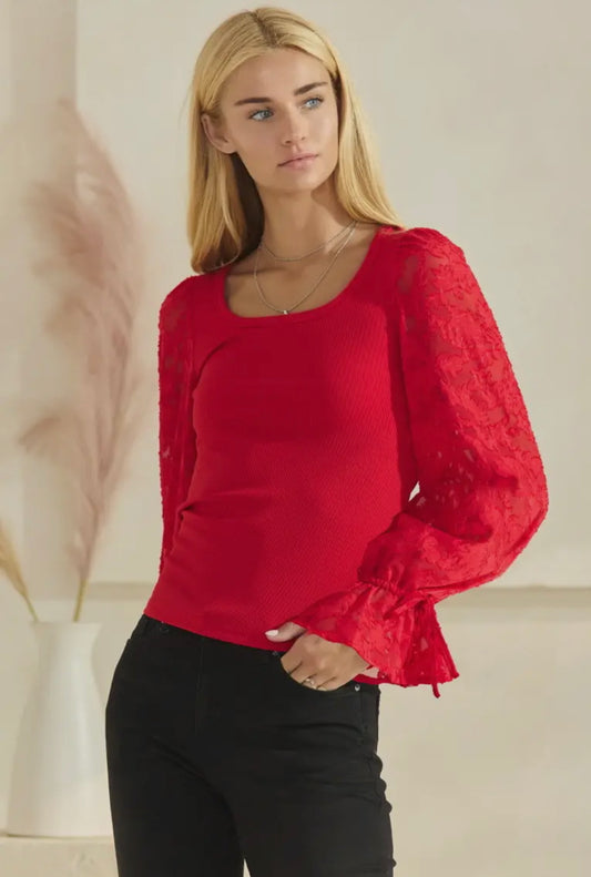 Red Ribbed Top With Jaquard Long Sleeves