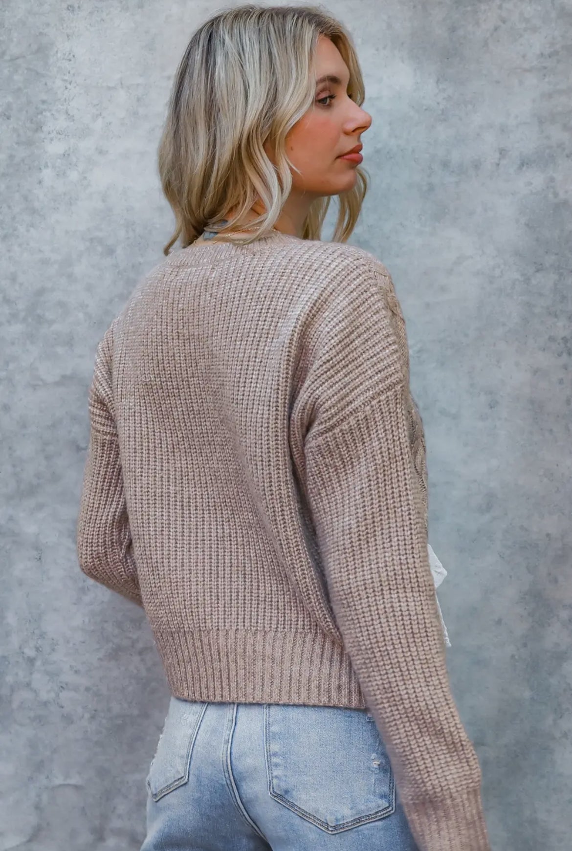 Taupe Lace Braid Bow Cable Knit Sweater