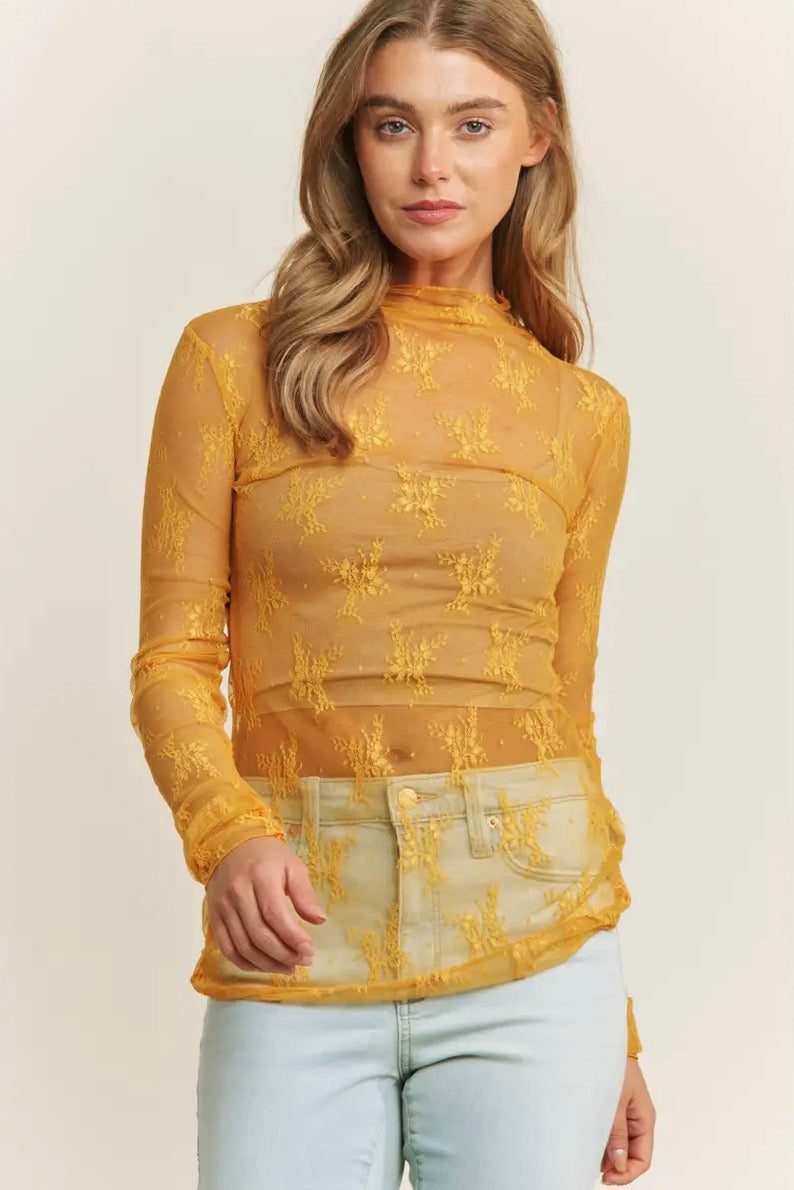Mustard Sheer Mesh Lace Long Sleeve Top