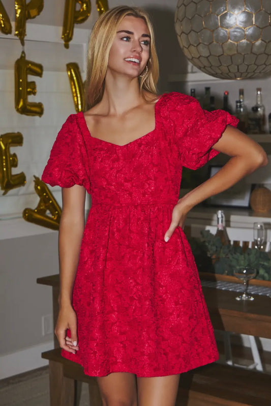 Red Satin Jacquard Baby Doll Dress