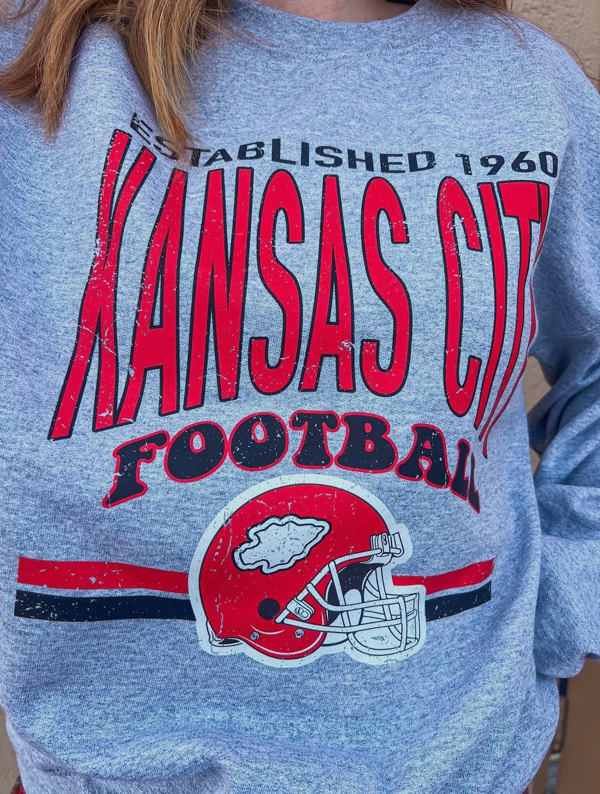 Grey KC Football Stripes Crewneck Sweatshirt