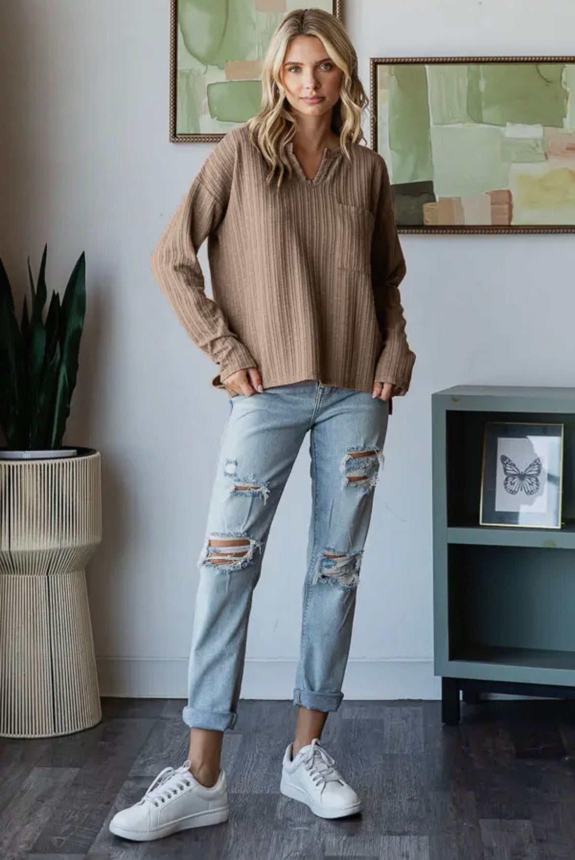 Mocha Ribbed Solid Long Sleeve Top