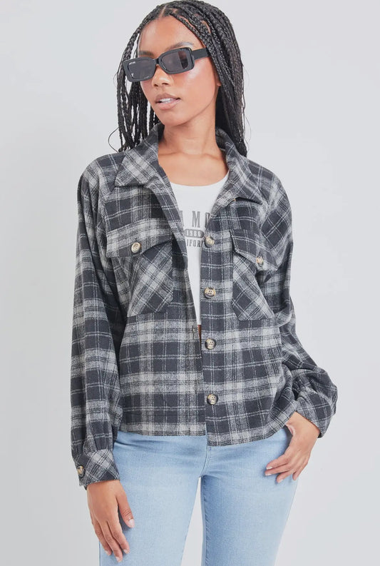 Black Plaid Cropped Boxy Fit Shacket