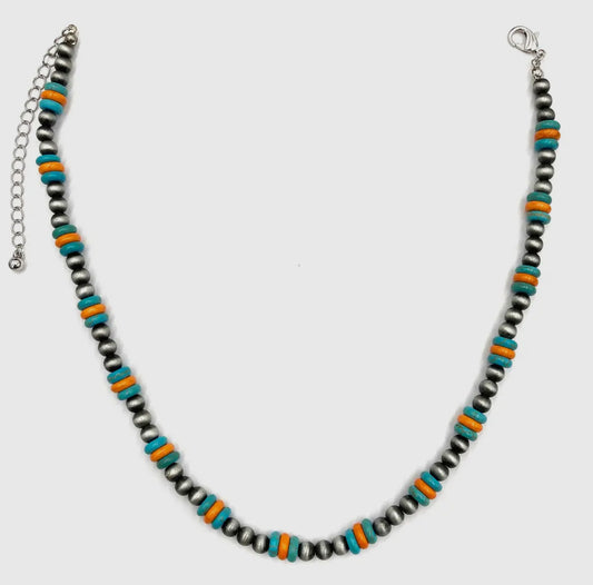 Turquoise + Orange Beaded Desert Pearl Necklace