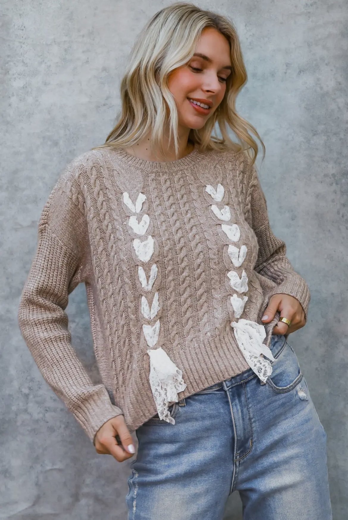 Taupe Lace Braid Bow Cable Knit Sweater