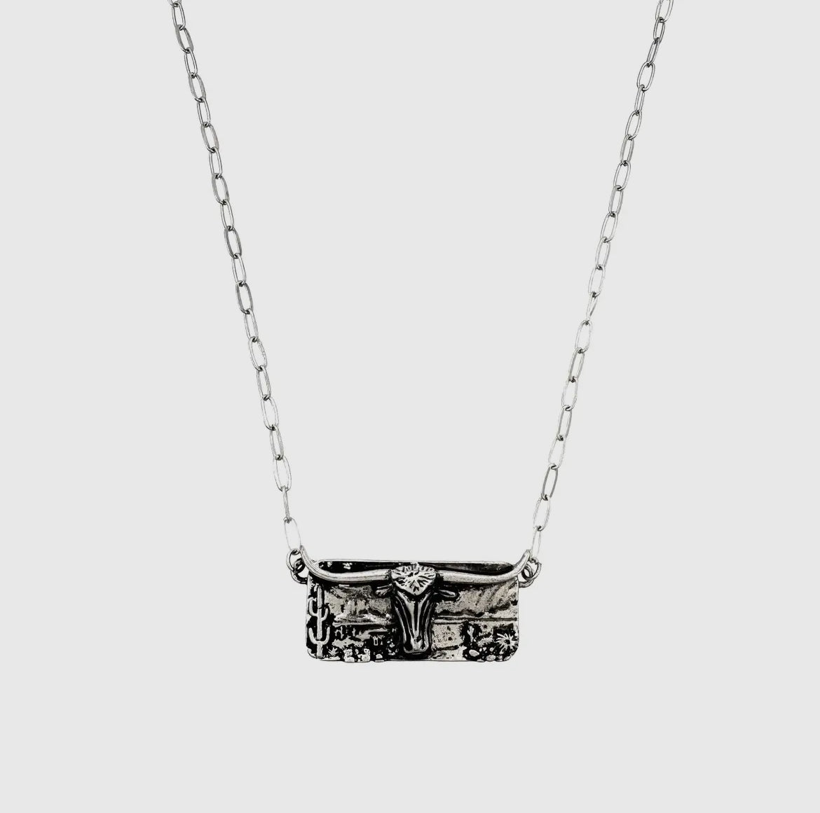 Silver Longhorn Cactus Western Bar Necklace