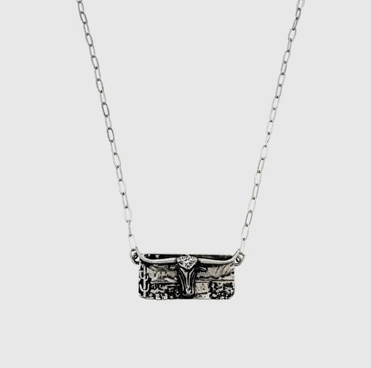 Silver Longhorn Cactus Western Bar Necklace