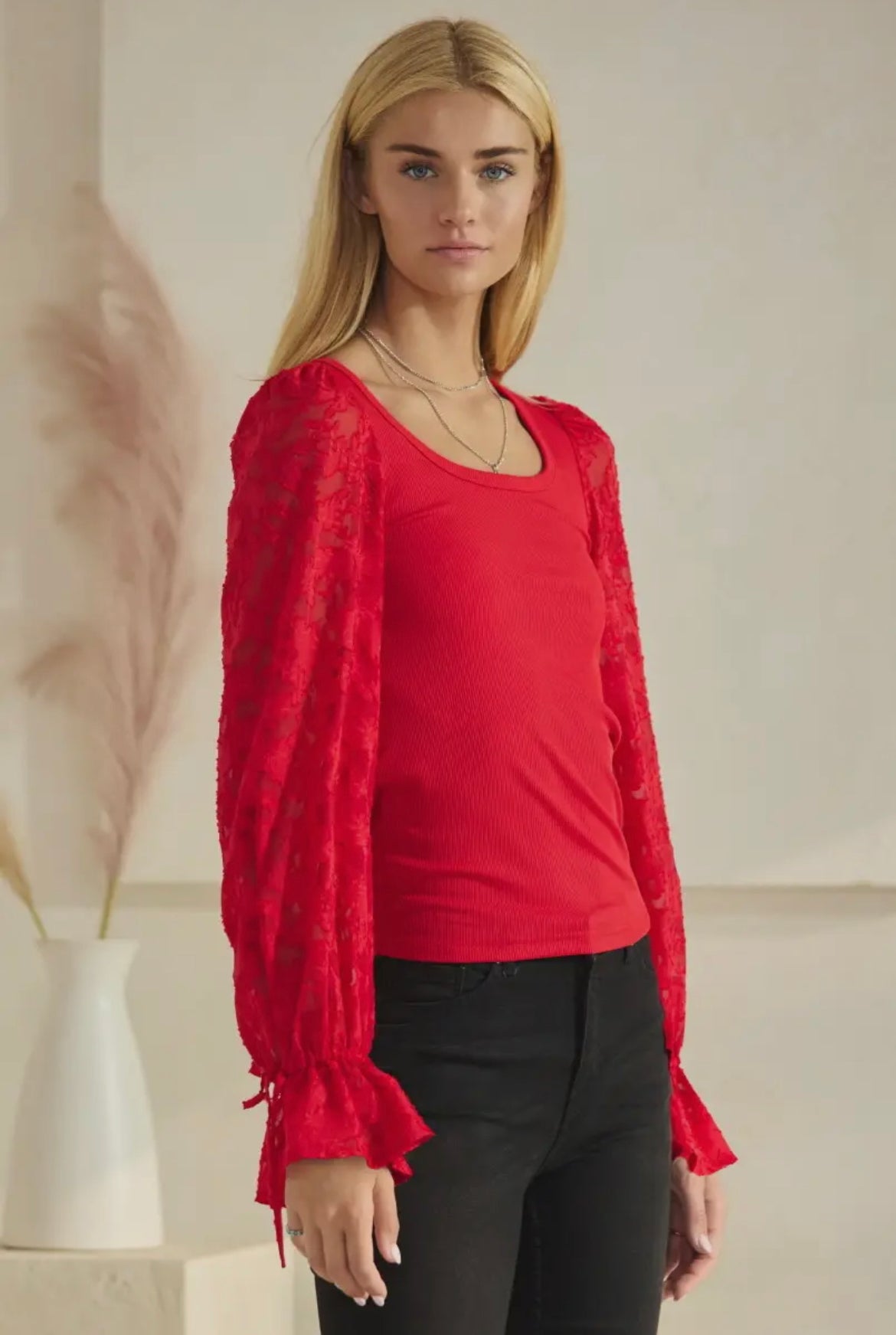 Red Ribbed Top With Jaquard Long Sleeves