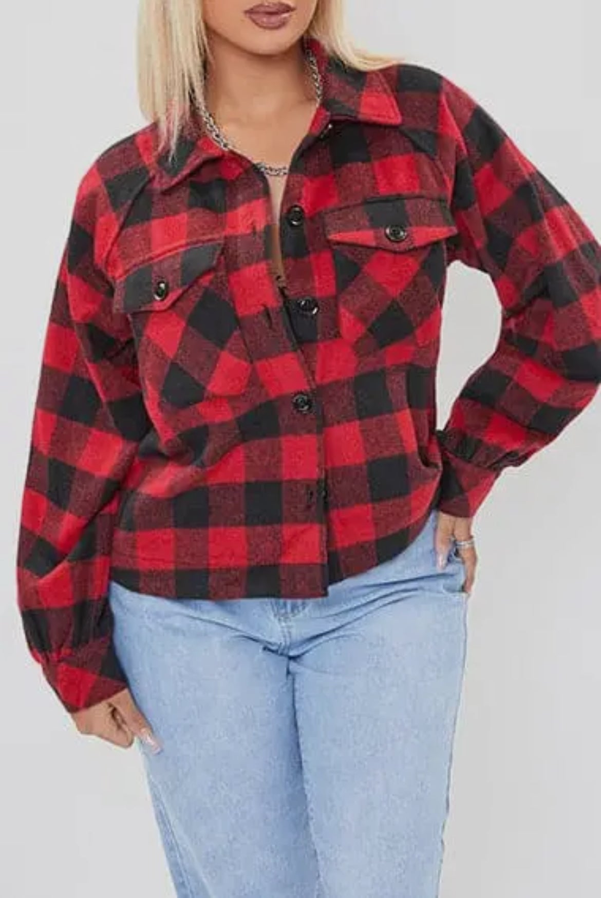 Red Plaid Cropped Boxy Fit Shacket