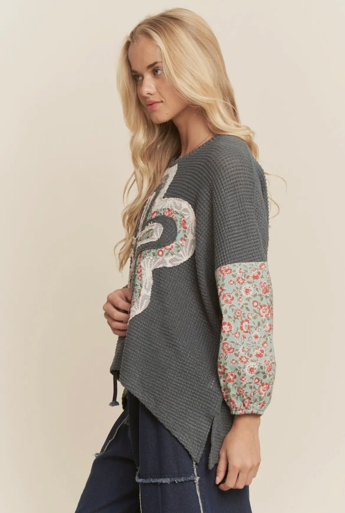 Dusty Teal Boho Flower Long Sleeve Top