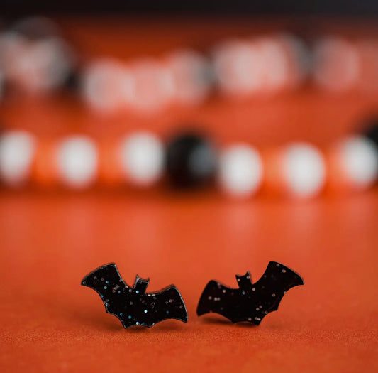 Black Glitter Bat Stud Earrings