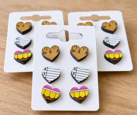 Set of 3 Teacher Heart Stud Earrings