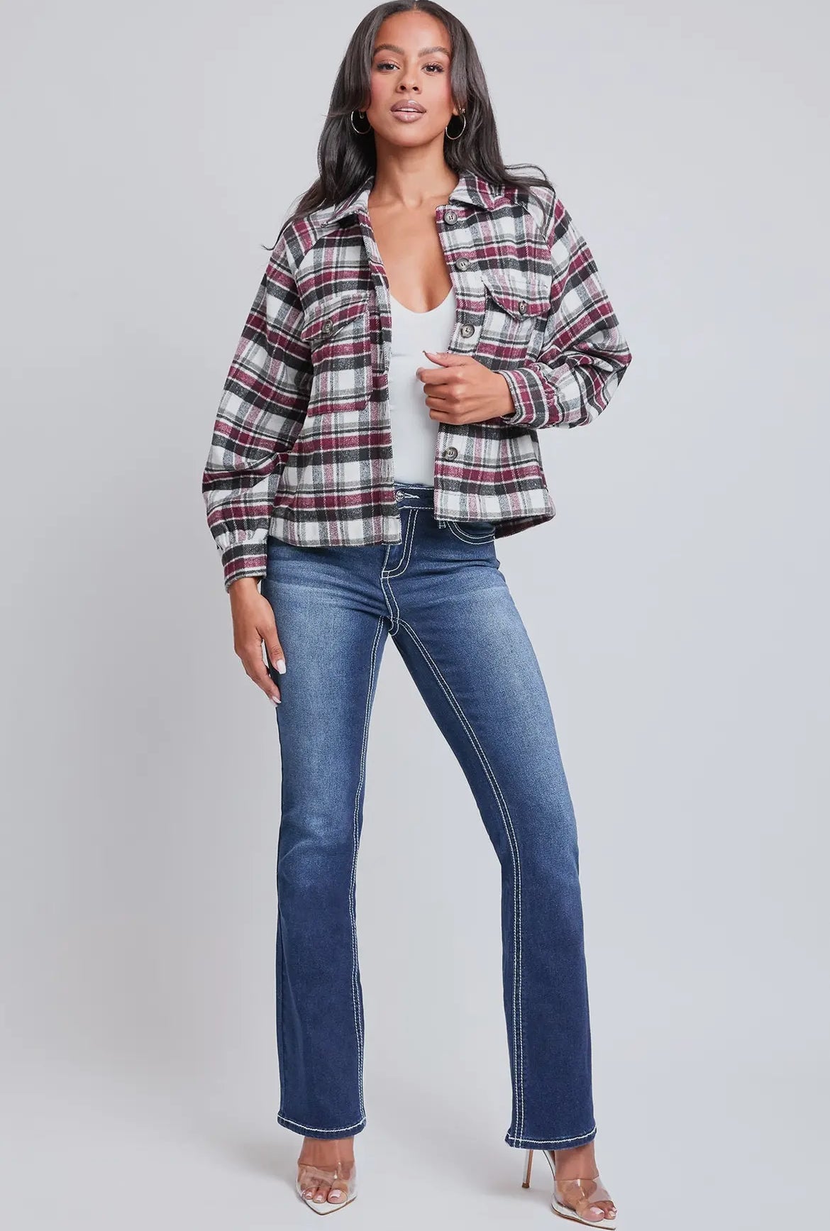 Burgundy Plaid Cropped Boxy Fit Shacket