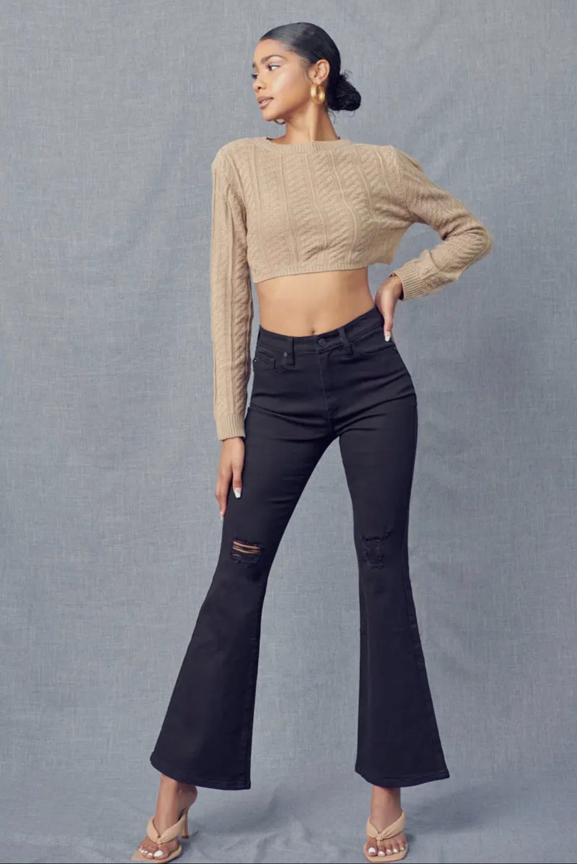 Kan Can Lauren Black Petite High-Rise Flare Jeans