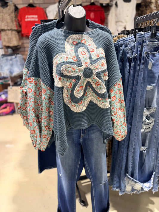 Dusty Teal Boho Flower Long Sleeve Top