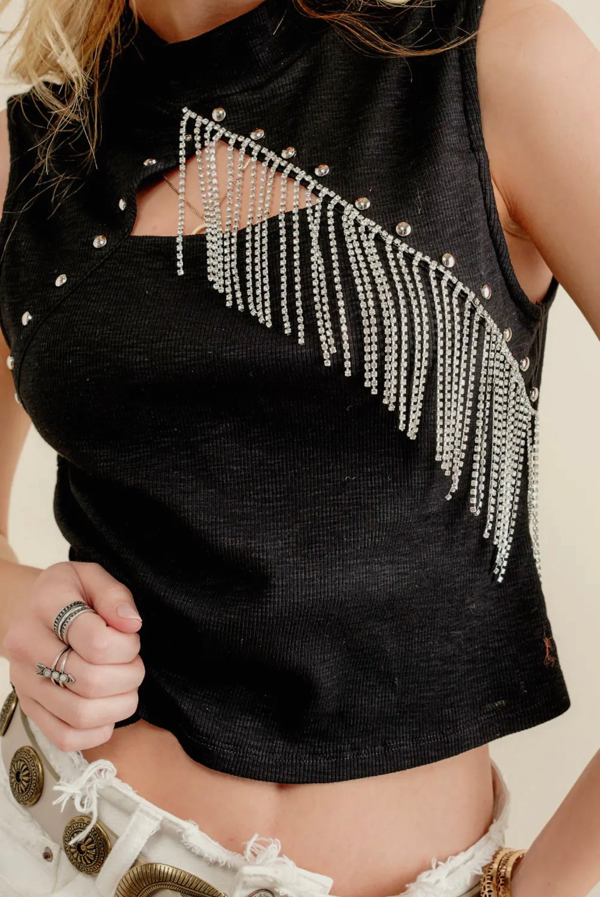 Black Studded Rhinestone Cropped Top